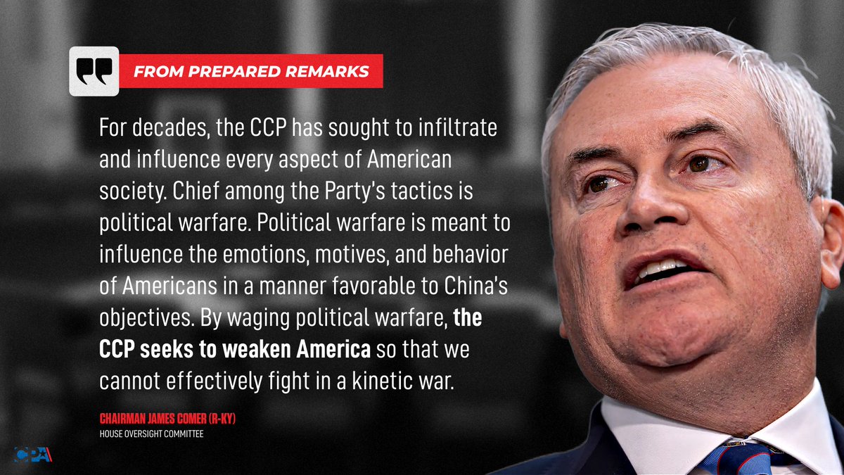 HAPPENING TODAY: House @GOPoversight & @OversightDems will hold a hearing detailing the CCP's efforts to infiltrate & influence the U.S. through “political warfare” by targeting American infrastructure, food supply, religious communities, & social media. tinyurl.com/bdevcvte