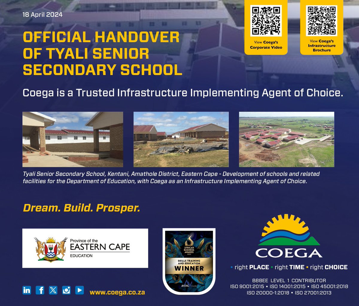 coegadevcorp's tweet image. Tomorrow, Coega as an Implementing Agent of Choice, joins the @ECDOEZA, for the official handover of Tyali Senior Secondary School in Kentani, in the Eastern Cape.  

#coegadevcorp #coegasez #implementingagent