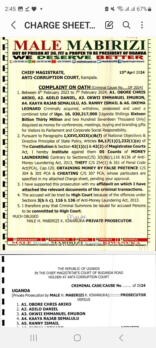 MaleMabiriziHKK's tweet photo. 5 COUNTS at ANTI-CORRUPTION COURT against @ChrisObore1 &amp; GANG: MONEY LAUNDERING, THEFT, OBTAINING MONEY BY FALSE PRETENCE.. only TRIABLE by HIGH COURT...fundraising 0701881231 0787263086 https://t.co/MH71971EyU