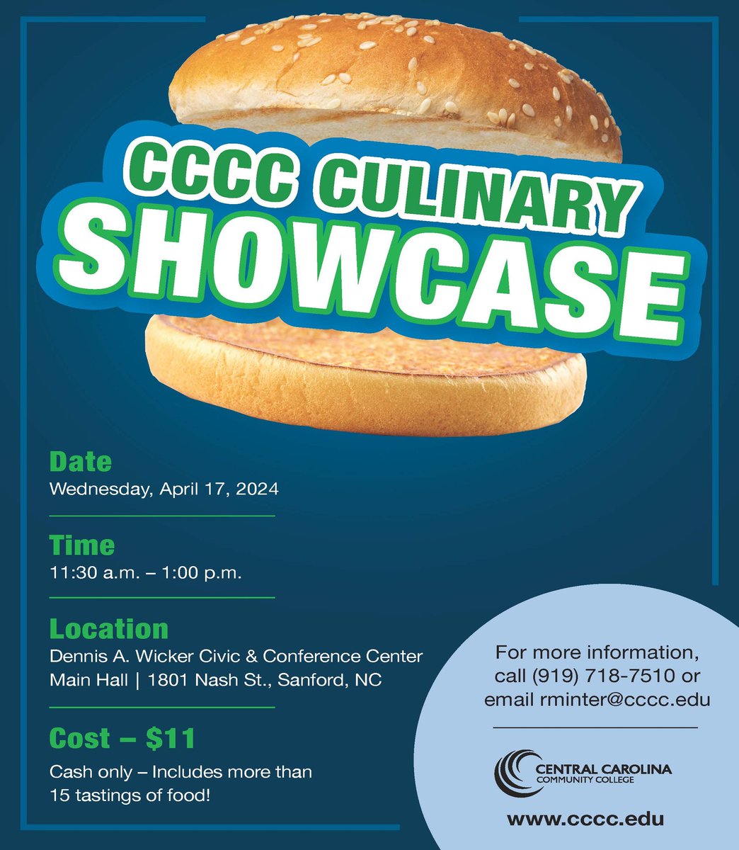 🧑‍🍳 The @iamcccc Culinary Showcase -- by the @iamcccc Culinary Arts program -- will be presented from 11:30 a.m.-1 p.m. Wednesday, April 17, at the Dennis A. Wicker Civic & Conference Center Main Hall, Sanford. Cost $11. Cash only. Includes more than 15 tastings of food. 🧑‍🍳