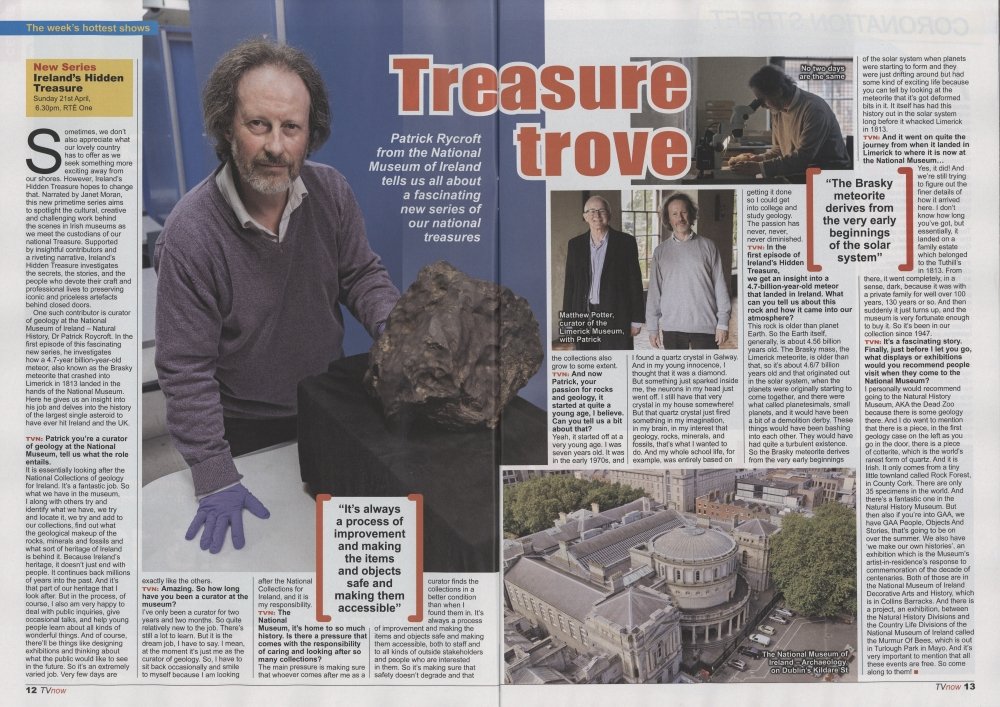Curator of Limerick Museum, Dr. Matthew Potter, will feature on 'Ireland’s Hidden Treasures' on RTE One this Sunday 21st April at 6.30pm, discussing the 'Limerick Meteorite' the largest meteorite that ever fell in Ireland, a fragment of which is on display in Limerick Museum.