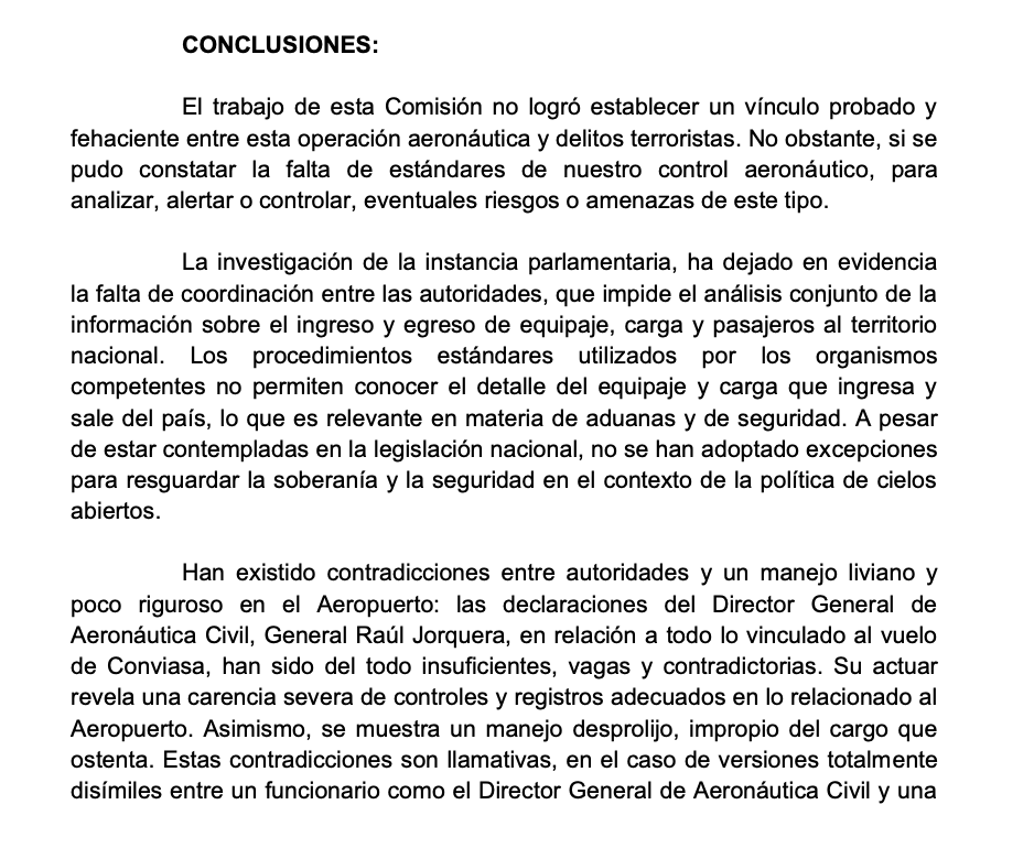 Paz_ZarateB's tweet photo. Informe de Comisión Especial investigadora de la Cámara sobre operaciones en Chile de línea aérea estatal venezolana-iraní Conviasa y eventuales actos de terrorismo (abril 2023):
deja en claro falta de preparación de Chile para prever este tipo de amenaza. https://t.co/6lx1Td5BWq https://t.co/0NjPh5RWGi