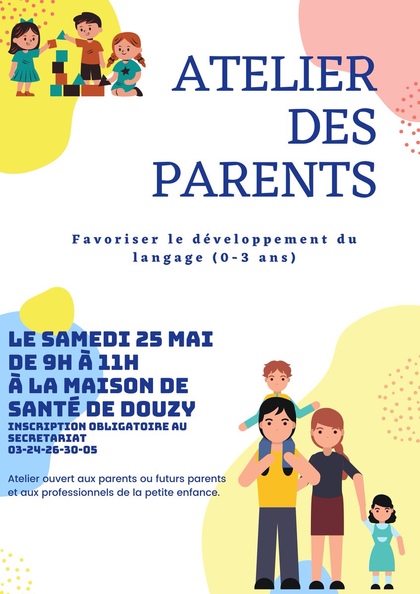 CentreLac's tweet photo. La maison de santé de Douzy organise un atelier des parents le samedi 25 mai sur la thématique (Favoriser le développement du langage (0-3 ans)
Atelier ouvert aux parents ou futurs parents ainsi qu'aux professionnels de la petite enfance.
Inscription au 03 24 26 30 05 https://t.co/9VUeRNTztM