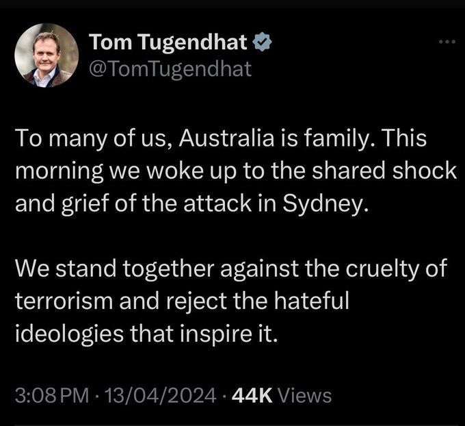 Hi @TomTugendhat, I know you're  busy as the UK Security Minister however you still owe an apology for this. #Bondi had already declared a non-terrorist event 3.5 hours earlier by @nswpolice & your lack of situational awareness is seriously concerning. #ukpol #auspol #clueless