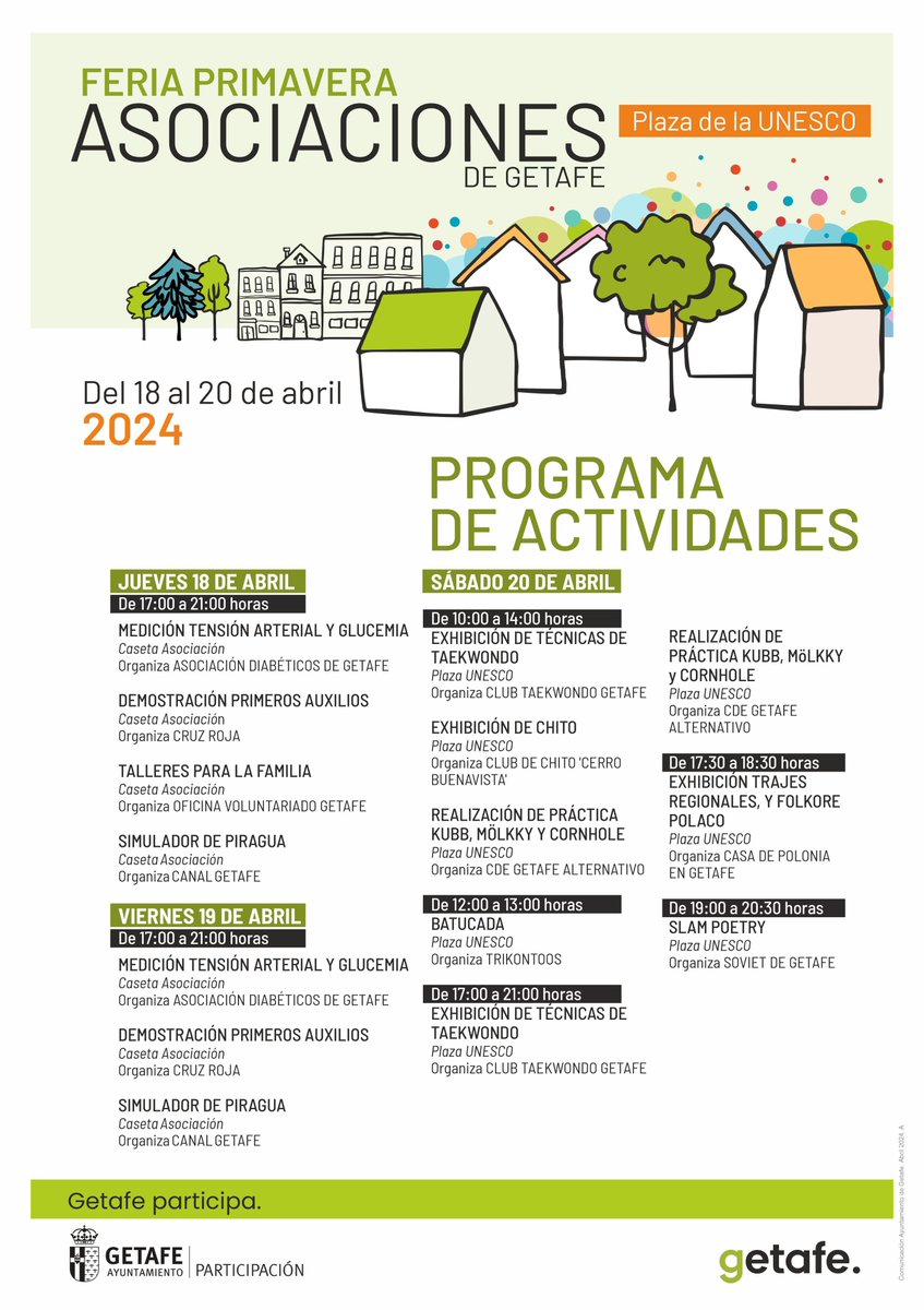 participagetafe's tweet photo. 📌FERIA PRIMAVERAL: Asociaciones de Getafe.
Se celebrará del 18 al 20 de abril, en la Plaza UNESCO (frente a la estación de Getafe Central).
🕞Horarios:
Jueves y viernes: 17:00h a 21:00h
Sábado: 10:00h a 14:00h y de 17:00h a 21:00h
#GetafeParticipa https://t.co/0eDhUsrY14