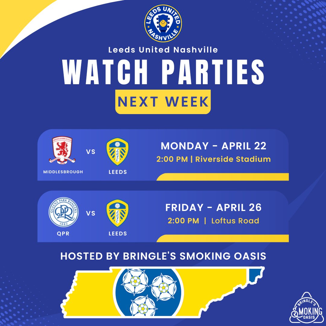 Music City MOT (@leedsunitedtn) on Twitter photo It's coming down to the wire. Join us at our last two Leeds United watch parties of the season. We'll be at the wonderful <a href="/SmokingOasis/">Bringles Smoking Oasis</a> in Nashville, Tennessee. It's coming down to the wire. Join us at our last two Leeds United watch parties of the season. We'll be at the wonderful <a href="/SmokingOasis/">Bringles Smoking Oasis</a> in Nashville, Tennessee.