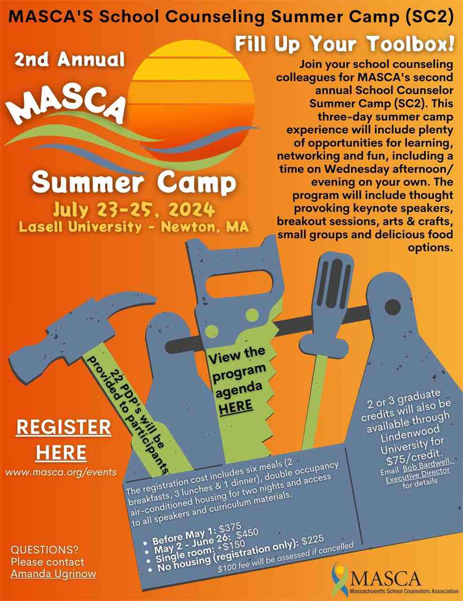 Registration is LIVE - register before May 1st for early bird pricing! 🥳 Join us as we work to “Fill Up Your Toolbox” with some fun activities, camp games, and relevant practices to make your Summer even better. #SC2