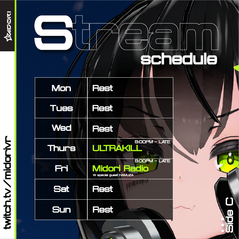 MidoriVRDJ's tweet photo. Hey boys and girls, it's me, Midori... I'm back! With my smol schedule this week. We're going to have ULTRAKILL sponsored by my pal @Avigyl huiyo tq for game rayaโค๏ธ and radio on FRIDAY with @HamuzaYuto as our special guest this week.
See you soon ๐๐ค
#MYVT
#ENVTUBER
#Pyan https://t.co/1F0SEjN0xE