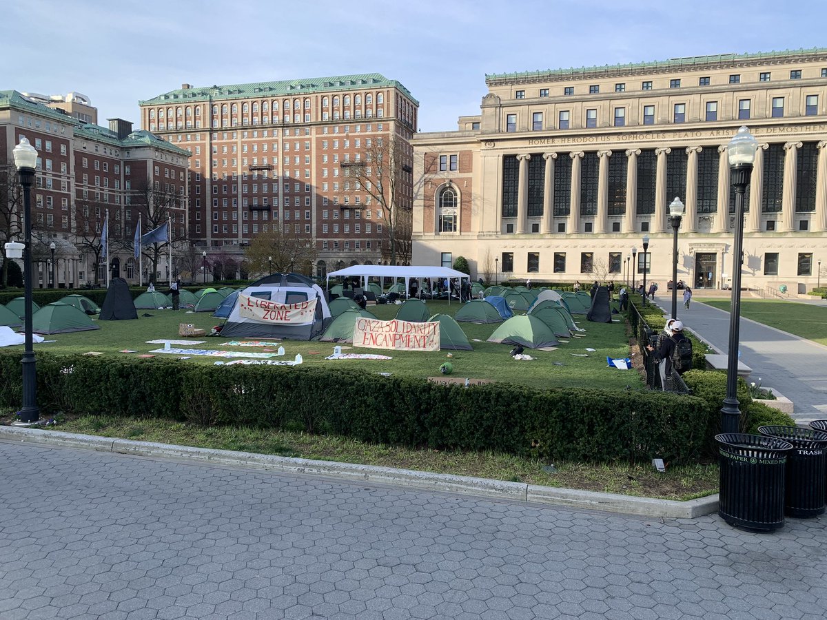 Students at <a href="/Columbia/">Columbia University</a> have set up a tent encampment on campus and plan to remain until the school divests from companies with ties to Israel or until they’re forcibly removed. 

This comes amid a crackdown on students who express solidarity with Palestinians facing genocide. 🧵