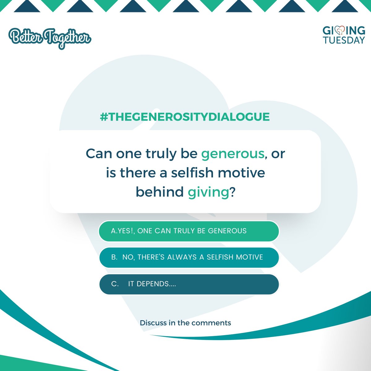 GivingTueAfrica's tweet photo. Is there such a thing as pure generosity, or do people always expect something in return? Let's ponder on #Giving and the #TheGenerosityDialogue.

#Generosity #GivingTuesdayAfrica #GivingTuesday #GiveEveryDay #OrdinaryExtraordinaryGenerosity #KindnessMatters #ShareYourStory https://t.co/dRkViBUr6i