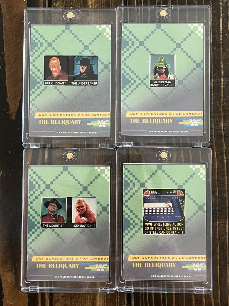 It is #wrestlingcardwednesday, and The Reliquary is on to trends! These sparkle foil, hand-numbered relics feature clippings from a WWF Gameboy ad. $20 each + $5 shipping. #wrestlingcards #cardart #gameboy #nostalgia