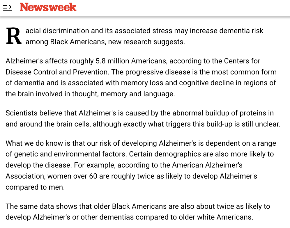 Newsweek reports that raycizm gives blacks Alzheimers 😂