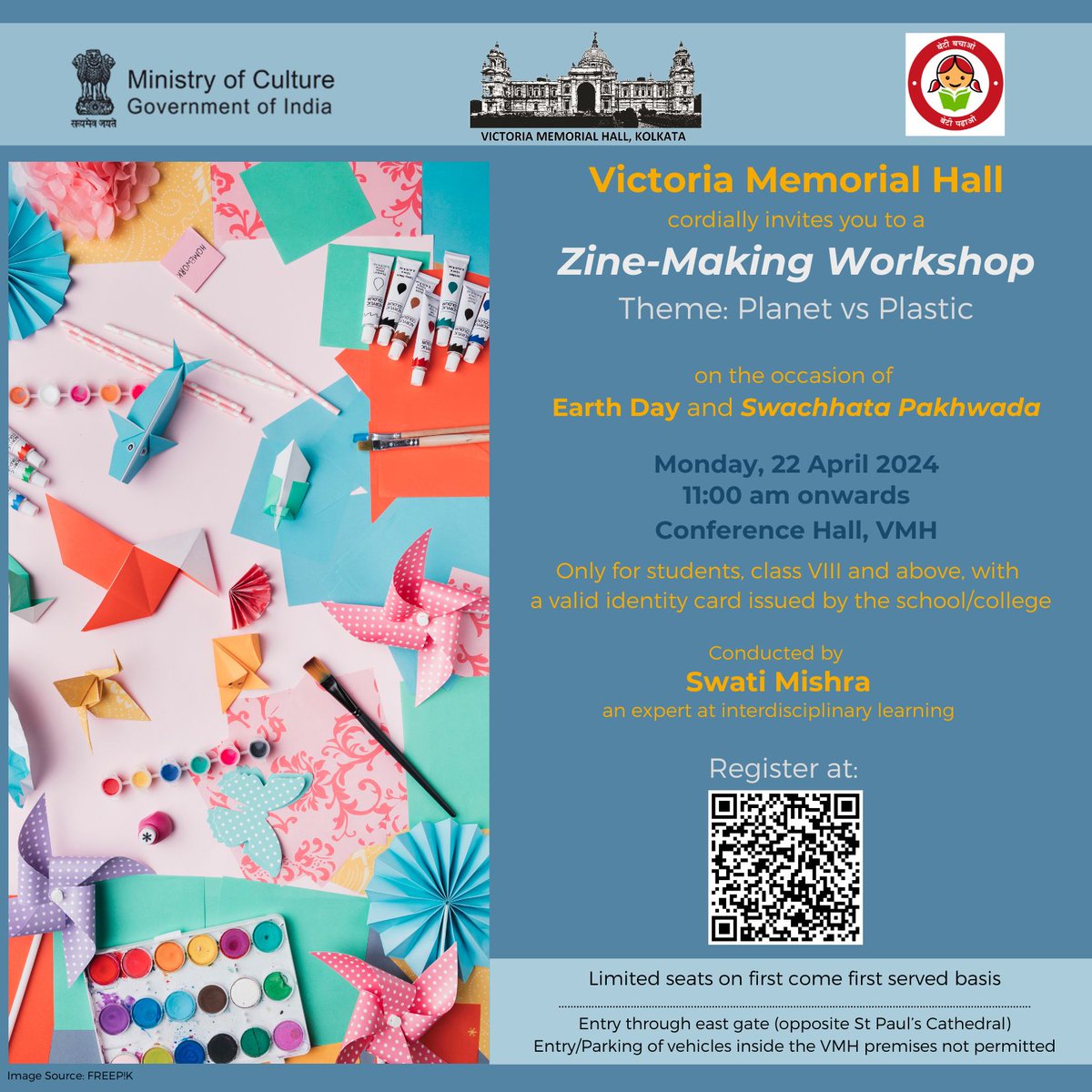 Prior registration is required to participate in this engaging workshop. To register, please click the link or scan the QR code docs.google.com/forms/d/e/1FAI… #vmh #EarthDay2024 #PlanetVsPlastics #ZineMakingWorkshop