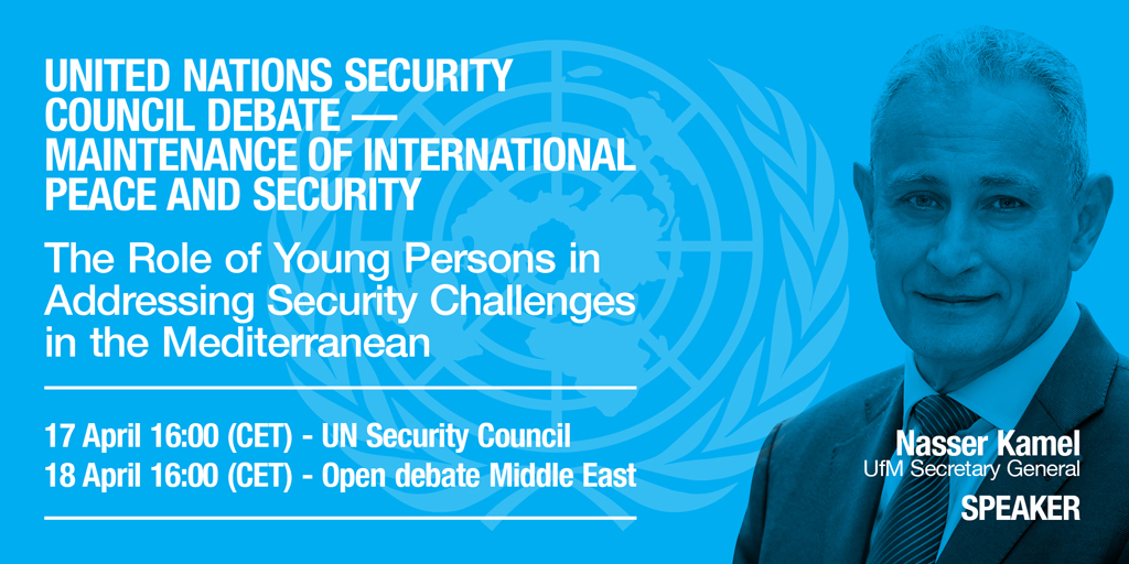 📢 UfM Secretary General, Nasser Kamel, will be at the UN Security Council today to take part in a debate on the role of young people in the Mediterranean’s #security challenges & tomorrow to speak about the situation in the Middle East. 🔴Follow these interventions live: