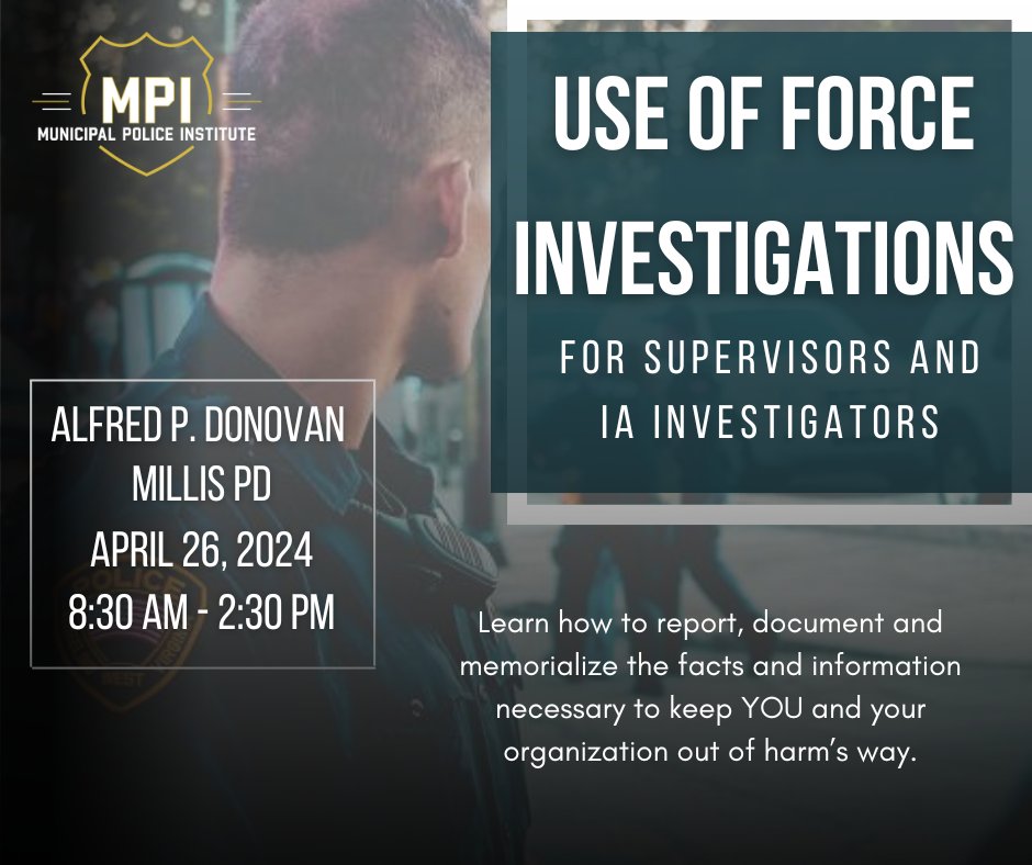 Use of Force Investigations for Police Supervisors and IA Investigators
Click the link below to read more!
mpitraining.com/events/use-of-…
#police #policetraining #lawenforcement #lawenforcementtraining #massachusetts #mpi #leadership #trainwiththebest #training