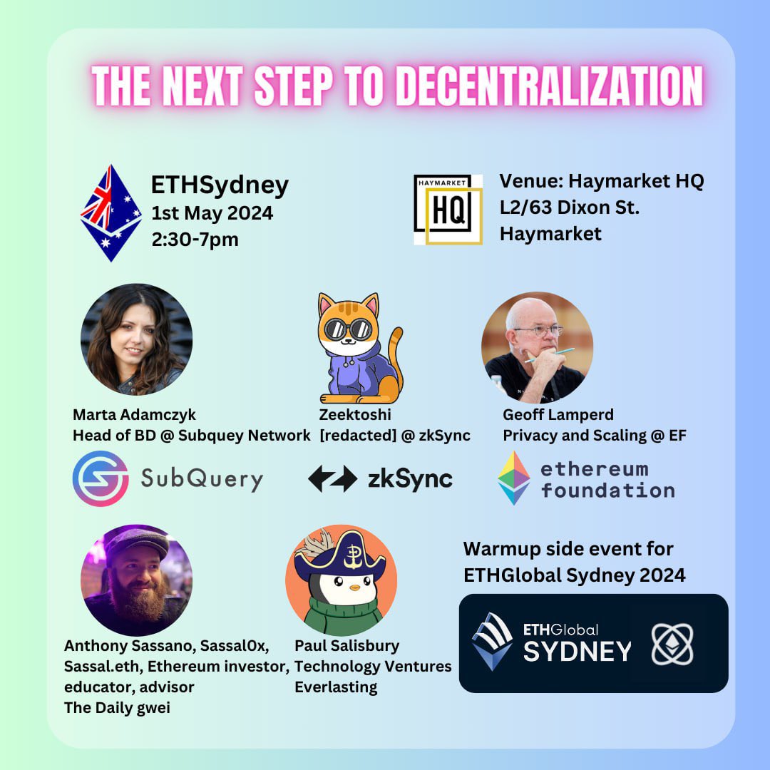 #ETHSydney hits different when we’re ramping up toward the bussin @ETHGlobal Sydney Hacking Doof Sign up early, spots are limited ! cc @madamczyk0 @glamperd @auryn_macmillan @paulsalis @zksync @HaymarketHQ @sassal0x @SubQueryNetwork @pudgypenguins in town too!