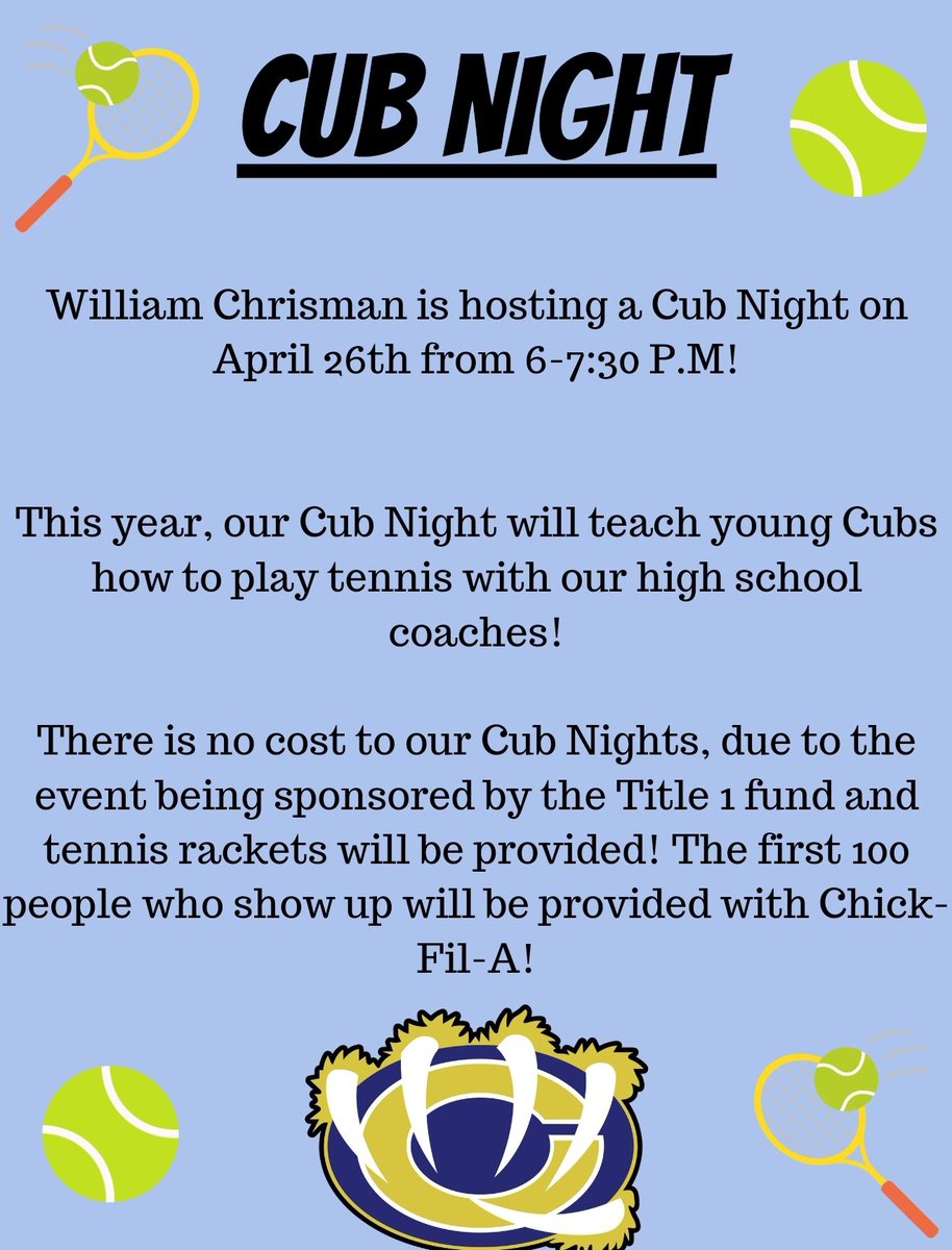 Come join us for a fun night at WC! Learn the game of tennis from the best WC has to offer and get hands on experience! Oh yeah, Chick-fil-a will be provided!