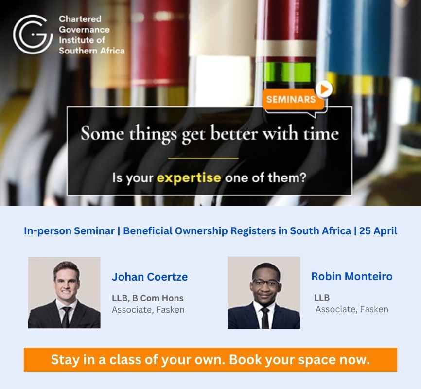 We invite you to stay in a class of your own with our upcoming in-person seminar on Beneficial Ownership Registers in South Africa taking place on 25 April. Book you space now: online.chartgov.co.za/login/index.php #BeneficialOwnershipRegisters #GovernanceSeminar