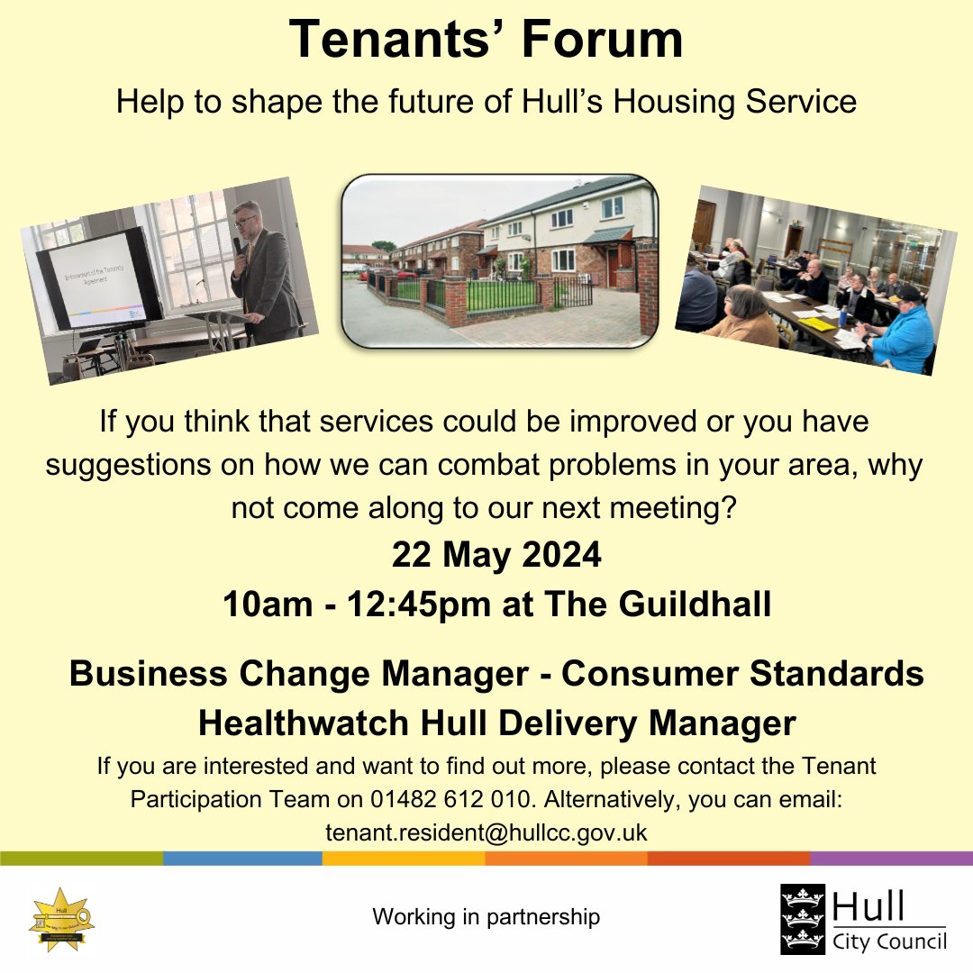 Our next Tenants’ Forum is taking place on 22 May 2024 at The Guildhall. The guest speakers will be the Business Change Manager and the Healthwatch Hull Delivery Manager. If you would like to attend the Forum, please get in touch with us! @Hullccnews @TPASGill @tpasengland