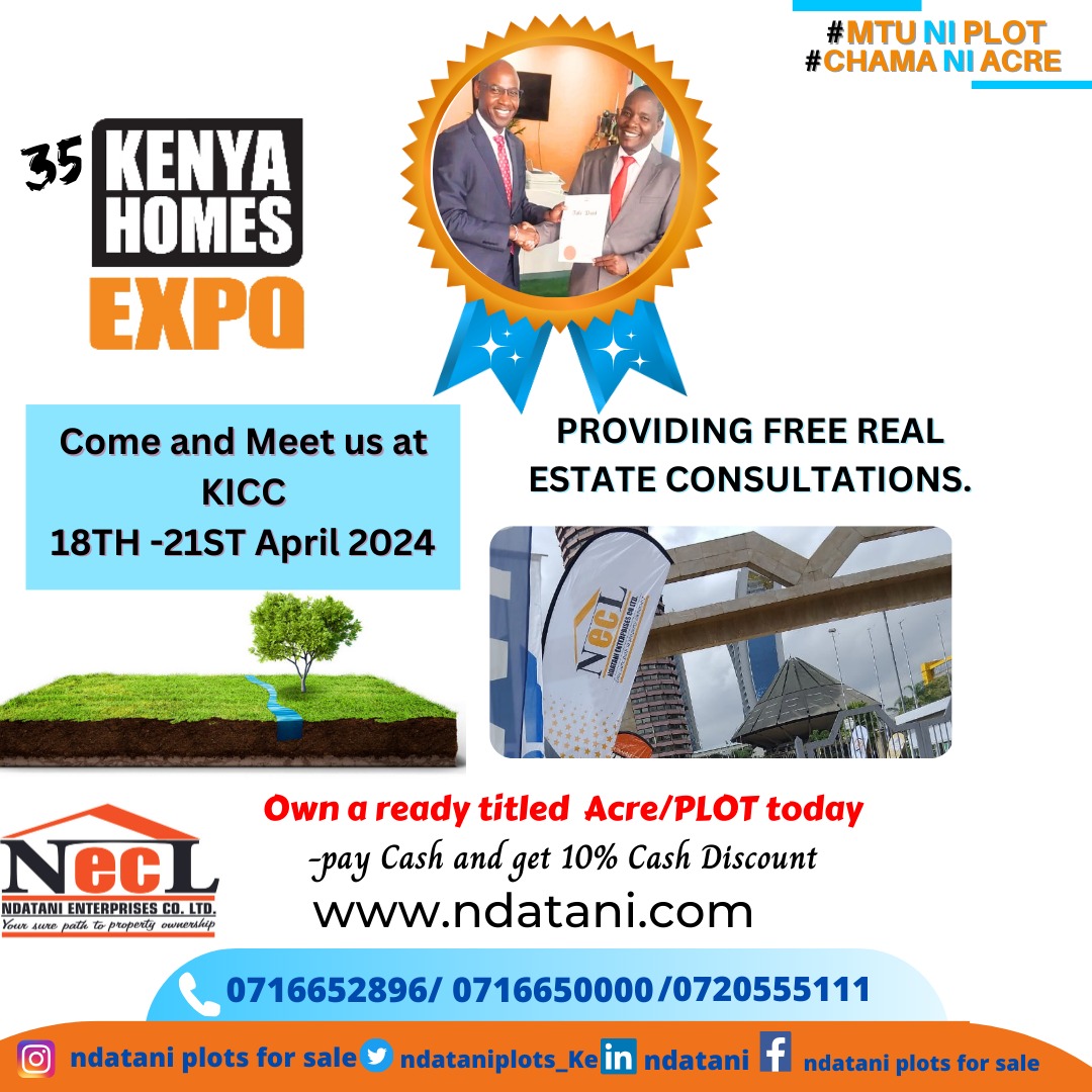 Get Free Real estate consolations at the #35thKenyaHomesExpo thanks to @ndataniplots_Ke who will be exhibiting. 

Get your advance tickets  for only  100 ksh at kenyahomesexpo.com