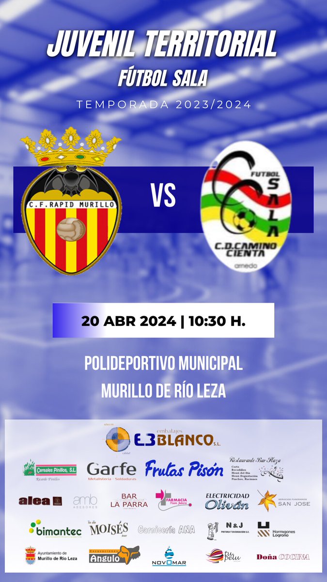 PARTIDOS DEL FIN DE SEMANA

⚽️Regional preferente
 C.F. RAPID DE MURILLO  🆚 <a href="/cdautol/">Club Deportivo Autol</a> 
📍MURILLO
🗓 Domingo 21 de abril
🕓 18:00H.

⚽️ Fútbol Sala Juvenil territorial
 C.F. RAPID DE MURILLO FS 🆚 C.D. CAMINO CIENTA
📍POLI. Murillo de Río Leza
🗓 Sábado 20 de abril
🕓 10:30H.