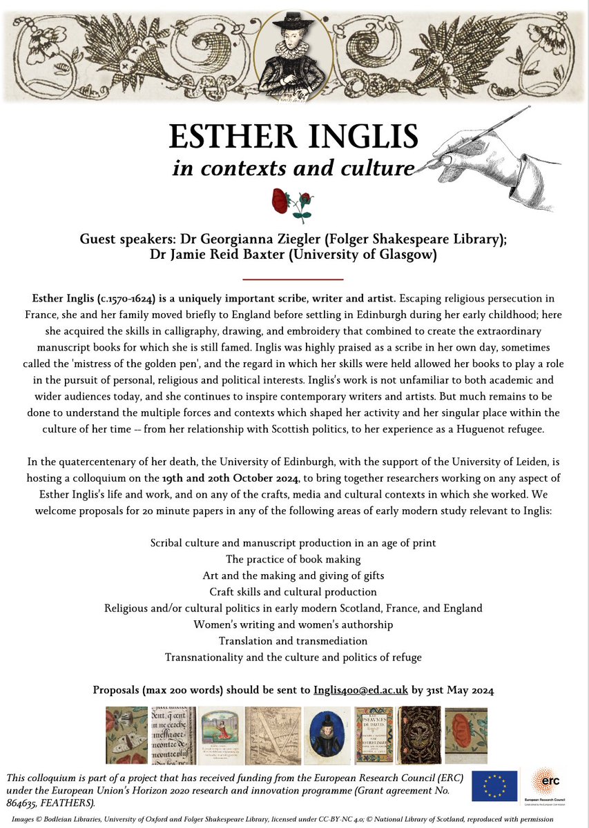 We can't wait to receive your proposals for 'Esther Inglis in contexts and culture', 19th-20th October 2024! All the details can be found in this blog post libraryblogs.is.ed.ac.uk/estheringlis/2… ... and in the call for papers below. Please do share with all who may be interested!