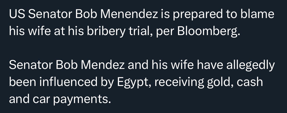 Will Biden’s DOJ buy Democrat Senator Menendez’s story that it was his wife who was influenced and bribed by Egypt and not him?