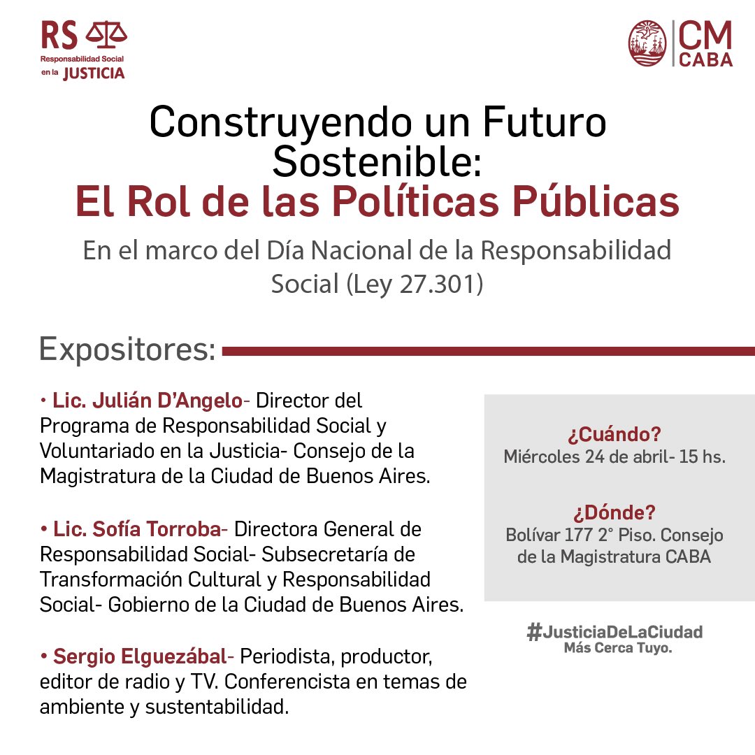 Faltan 7 días‼️ El 24 de abril celebraremos en el @consejomcaba el Día Nacional de la Responsabilidad Social. 
Te esperamos a las 15 hs. en Bolívar 177 2° Piso
Inscripción 👉 forms.gle/bbbBJ5AdTr85pN…
#RSE #RS #justicia ⚖️ #ODS #sustentabilidad #responsabilidadsocial