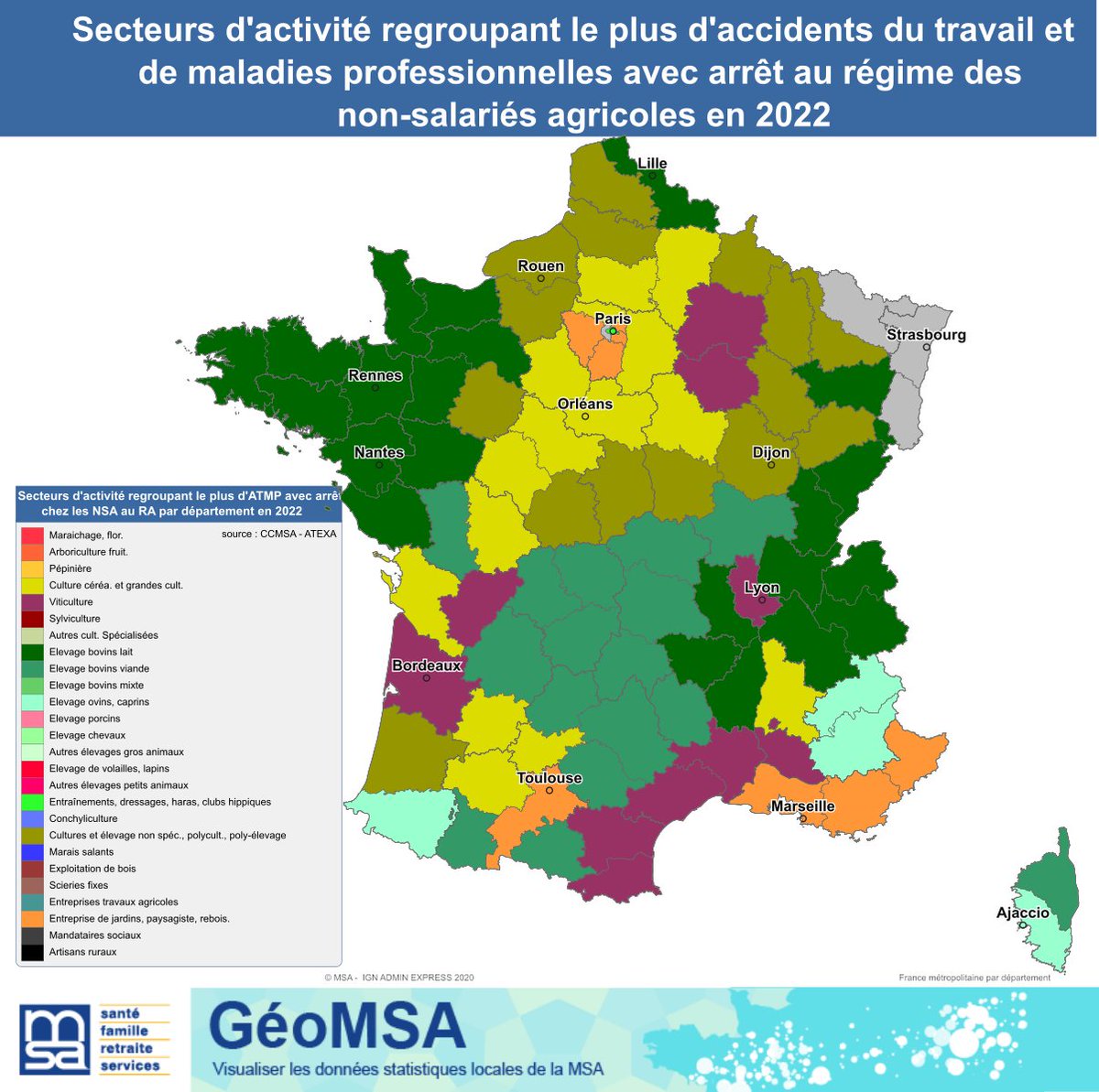 🗺️En 2022, au régime des non-salariés agricoles, les secteurs s’occupant de l’élevage bovins regroupent 1 accidents du travail sur 2. #agriculture #GéoMSA ➡️geomsa.msa.fr/#c=indicator&i…