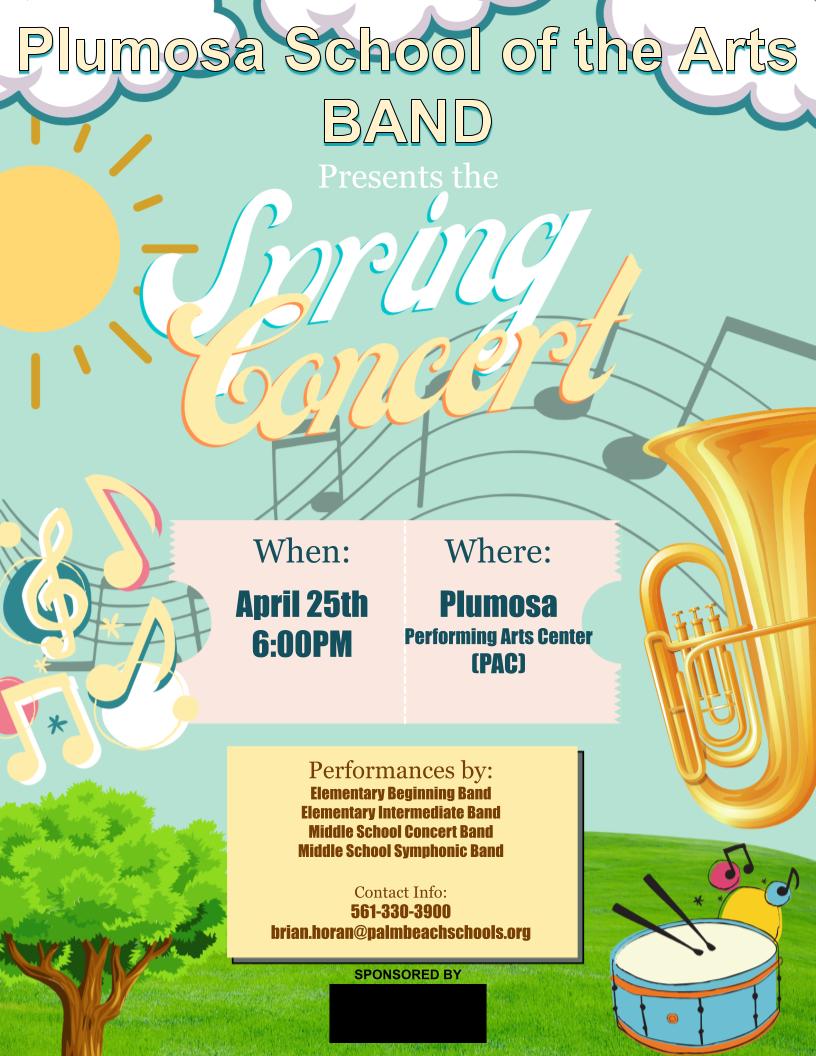 Spring is here and that means it's concert season at Plumosa SOA. Spend an evening with our band students on April 26th, 6:00 p.m. @pbcsd @SDPBCChoiceCTE @southPbcsd #music #band #middleschool #elementary #concert