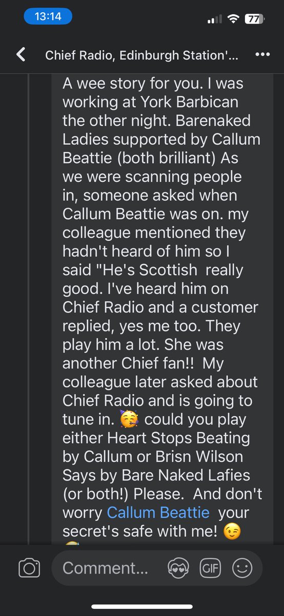 Story from a lady who lives in York. Someone at the @barenakedladies hadn’t heard of support act @callumbeattieuk Fiona said he is Scottish & Chief Radio play him all the time. Another lady going to the gig (in York) said, I listen to Chief Radio too! Who needs small scale DAB