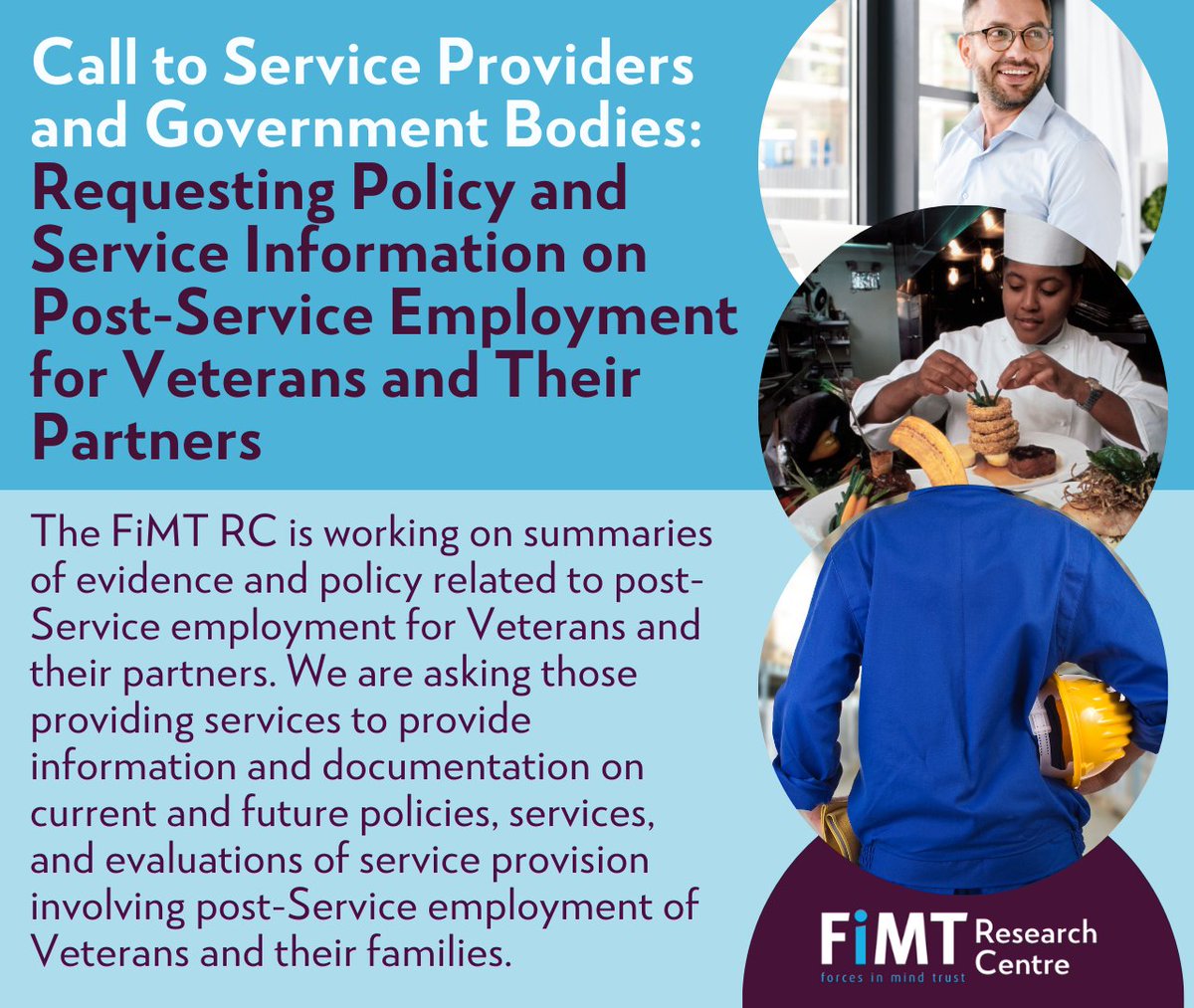 Help us develop a comprehensive synopsis of knowledge, policy and service provision around Post-Service #employment for UK #Veterans and their families. Send your related info and documentation to team@fimt-rc.org with the subject 'Justice Policy' by 30.04.2024