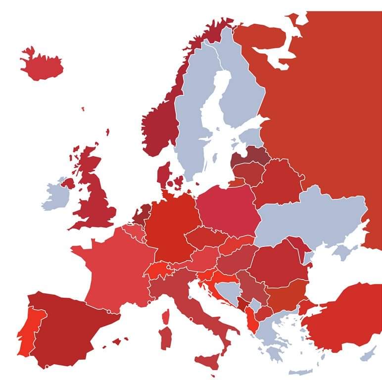 European countries by the exact shade of red in their flag