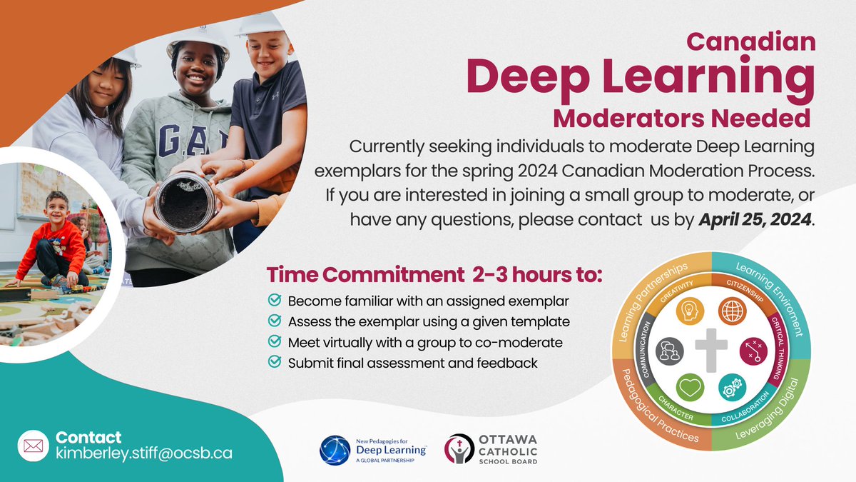 ✨Are you passionate about #DeepLearning and want to get involved in shaping the future of education? We're looking for moderators for the spring 2024 Canadian Moderation Process! If you are interested, please contact kimberley.stiff@ocsb.ca by April 25, 2024. #ocsbDL