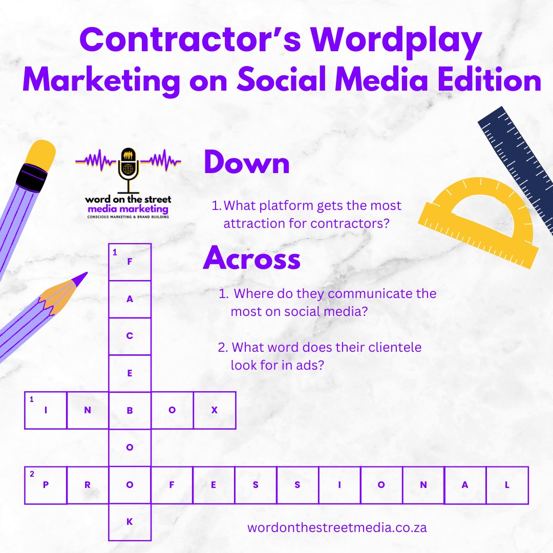 Answers are out now!

Did you get all the answers right?

Down
1. Facebook

Across
1. Inbox
2. Professional

wordonthestreetmedia.co.za
#business #marketingforbusinesses  #opportunities  #change #retail #expansion #limitless #possibilities #marketing #socialmedia #wordplay