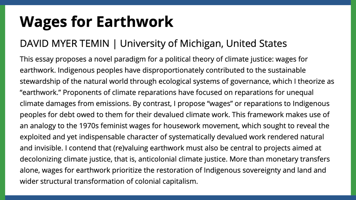 apsrjournal's tweet photo. Proposing a novel paradigm for a political theory of climate justice, wages for earthwork, @david_temin argues “wages” or reparations to Indigenous peoples are necessary to pay a debt owed for their devalued climate work. 
#APSR 
#APSRFirstView
https://t.co/jDDB8lANni https://t.co/PDgf0tXBK3