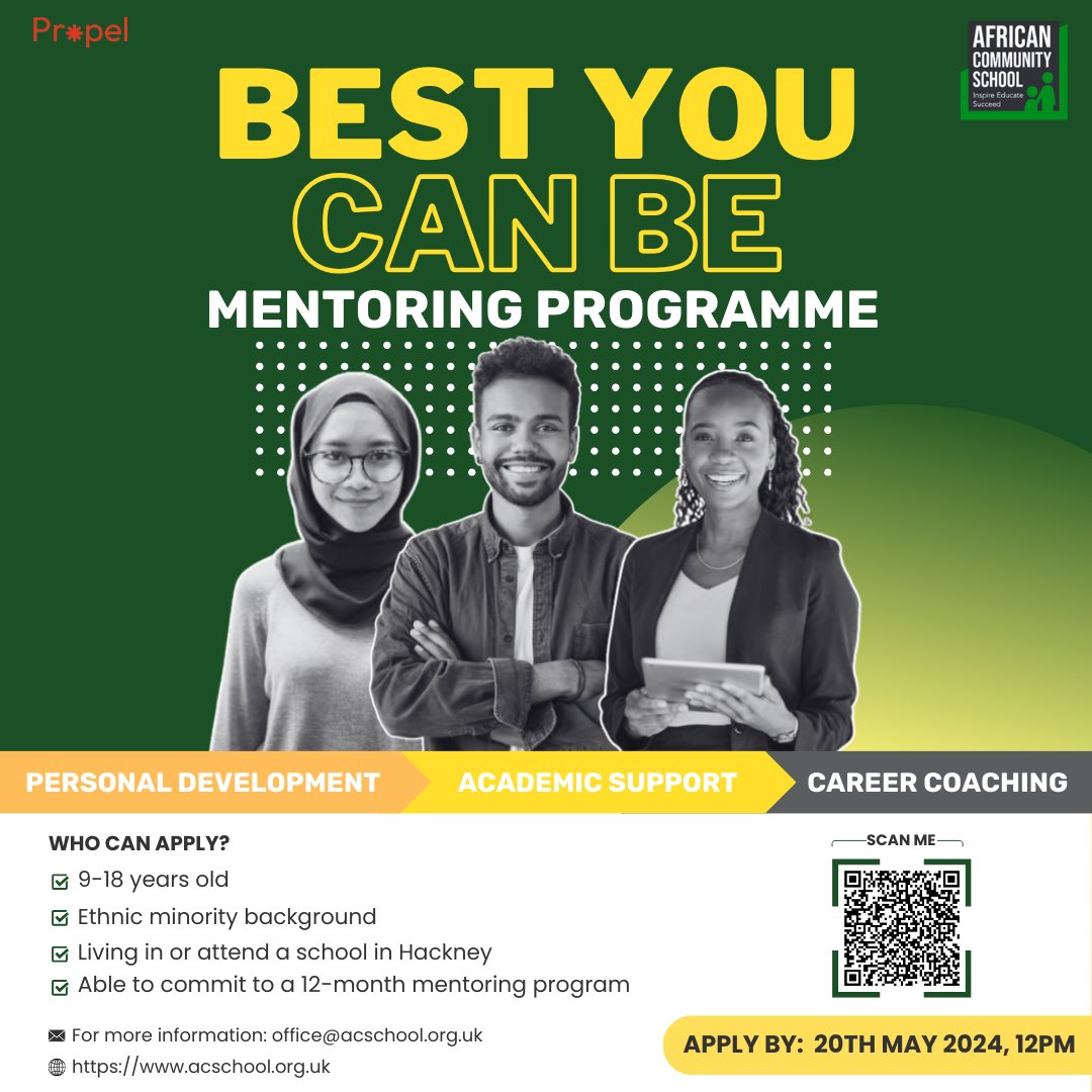 Calling all young people in Hackney aged 9-18! 🚀 Join our Best You Can Be Mentoring Programme! 💼 Gain personal development, career coaching, and academic support tailored just for you. Don't miss out!🌟 Apply now: forms.office.com/e/m86a74qwJA #Hackney #BestYouCanBe #Mentor