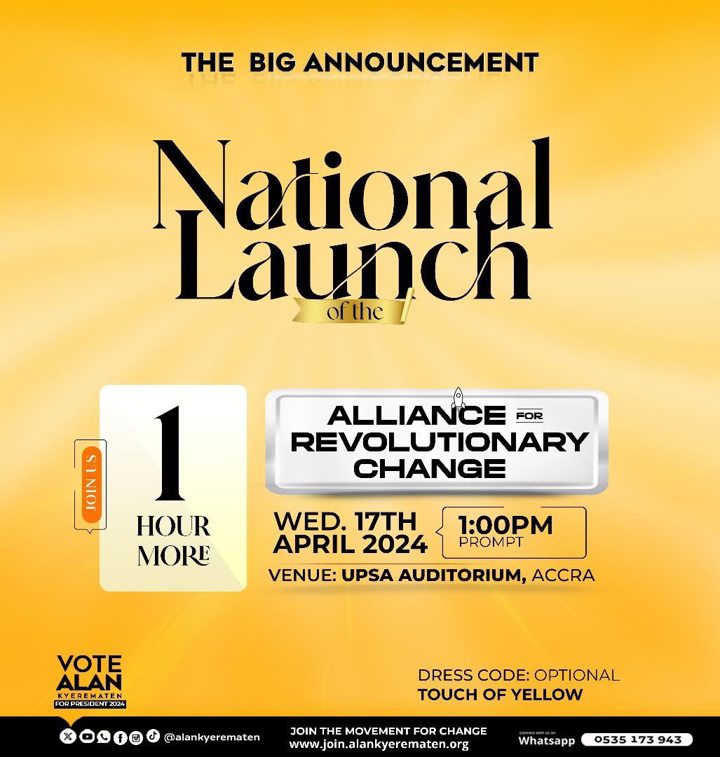 AlanKyerematen's tweet photo. Be part of history today! Join Alan Kyerematen as we embark on a journey toward a transformed Ghana. 

#GhanaWillRiseAgain #AllianceForRevolutionaryChange #TheBigAnnouncement https://t.co/ZjaXSbQ94Y