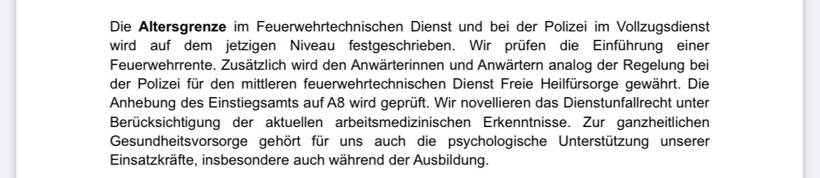 Bei all der Aufregung, @cduberlin und @spdberlin haben sich im Koalitionsvertrag dazu verpflichtet, dass das Pensionsalter im feuerwehrtechnischen Dienst und im Vollzug der Polizei auf dem jetzigen Stand festgeschrieben werden. Diese Sondergrenzen sind nicht verhandelbar