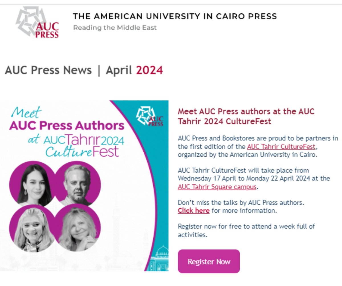 Check out AUC Press's April 2024 e-newsletter to discover our latest events, news, new book reviews, and much more: conta.cc/3xEzBBr Subscribe to receive our latest news through this link: forms.gle/buxZoqtKLyB4dJ…