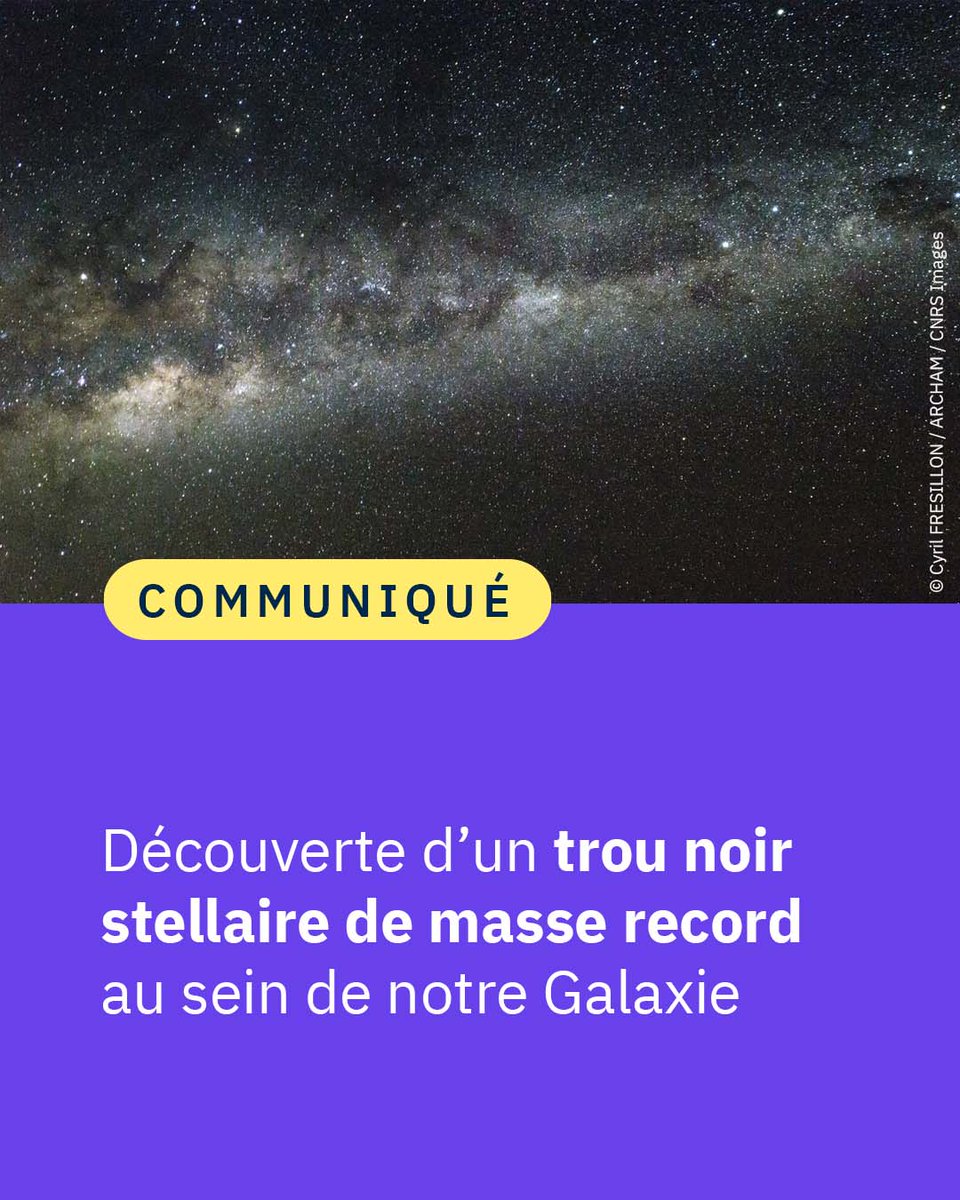 #Communiqué 🗞️ En défrichant les données brutes du satellite européen #Gaia, des scientifiques mettent au jour l’existence d’un trou noir de type stellaire dont la masse record déjoue les prévisions théoriques. 🌌 ➡️ cnrs.fr/fr/presse/deco…