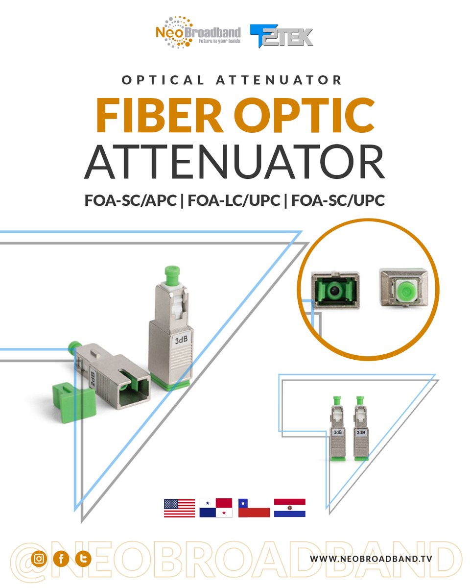 👉 The T2TEK attenuators ensuring the optical power in a stable and desired level in the link without any changes on its original transmission wave.

• FOA- SC / APC
• FOA- LC / UPC
• FOA- SC / UPC

neobroadband.tv
customerservice@neobroadband.tv

#FTTH #DOCSIS #IPS