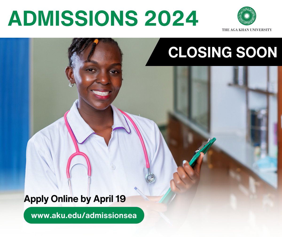 Admissions to our nursing and midwifery programmes will be closing this Friday, April 19. Visit aku.edu/admissionsea to submit your application. Call us if you need assistance with completing your application: Kenya: +254 203 747 483 Uganda +256 414 349 494 #AKUAdmissions