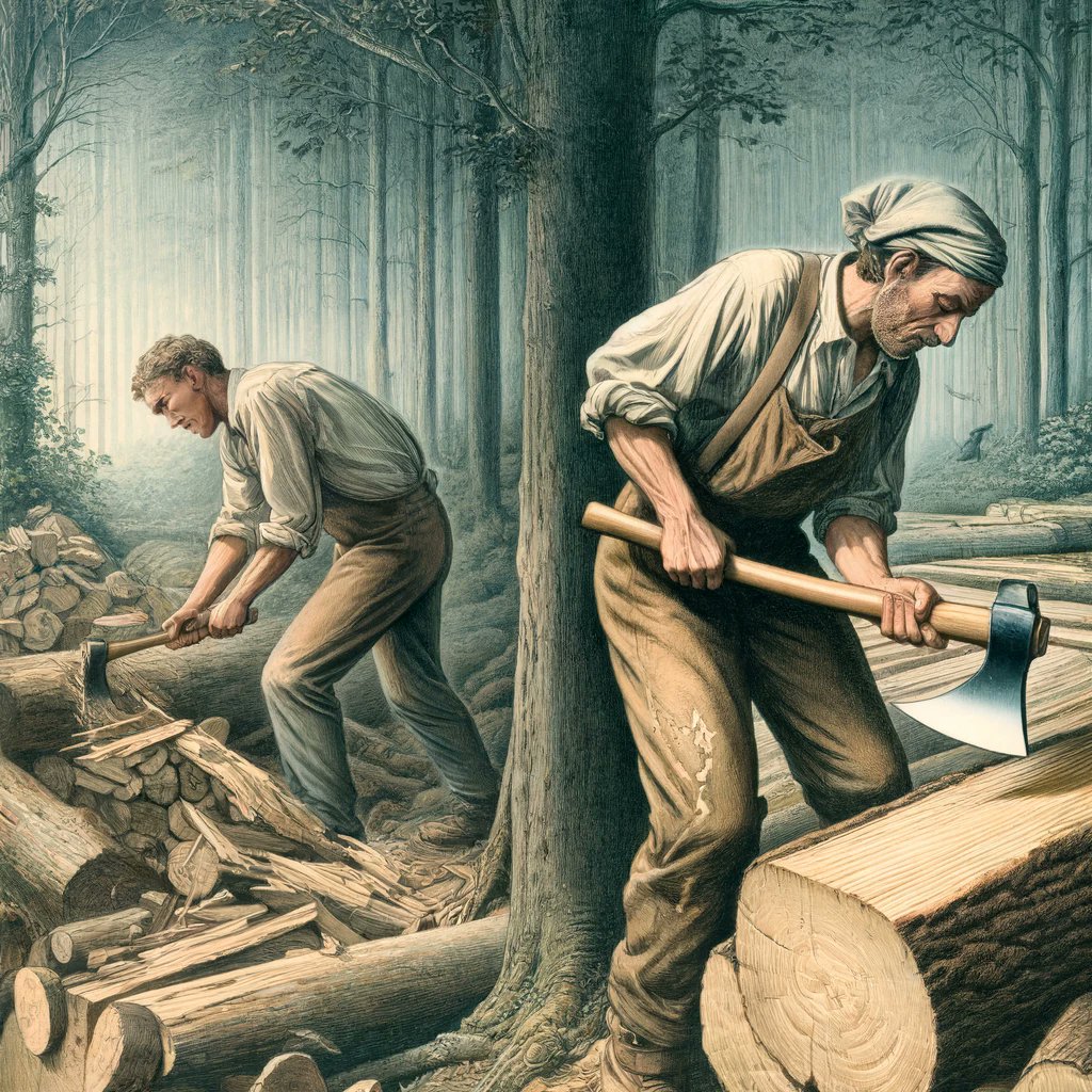 Hace poco me contaron la historia de 2 personas que estaban cortando leña.

Uno de ellos cortaba leña todo el día.

Nunca se tomaba un descanso y sólo cortaba cierta cantidad de leña, bastante limitada de hecho.

Pero allí estaba, trabajando 12 horas sin descansar, sin parar.

El