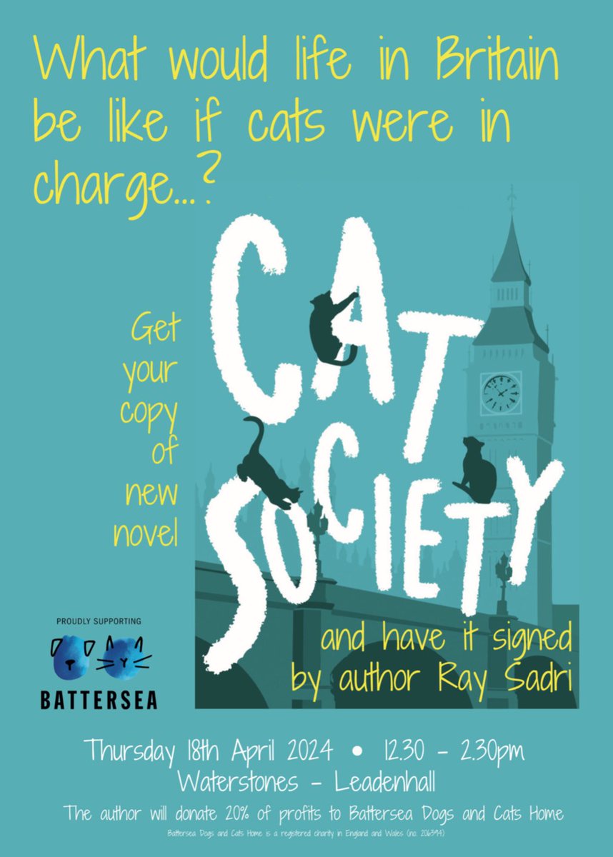 🐈‍⬛‼️ Cat Society book signing tomorrow at Waterstones Leadenhall‼️🐈‍⬛

Pop into <a href="/WaterstonesEC3/">Waterstones Leadenhall Market</a> to pick up a signed copy of Cat Society.

And taste some free artisan <a href="/RedberCoffee/">Redber Coffee</a>.

20% of profits will go to the amazing <a href="/Battersea_/">Battersea</a> 🐶🐱

Thursday 18th 
12.30-2.30pm
<a href="/LeadenhallMkt/">Leadenhall Market</a>