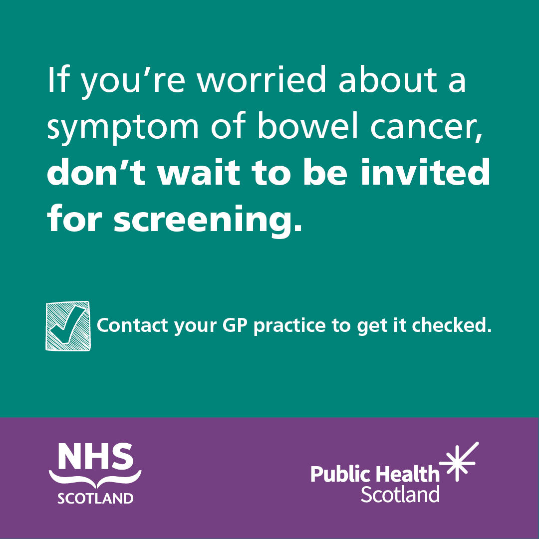 Early signs of bowel cancer are often hidden, so it’s important to look out for changes in your bowel movements. For a full list of signs and symptoms visit getcheckedearly.org/bowel-cancer If you’re worried about your symptoms, your GP practice wants to know. #BowelScreeningScotland