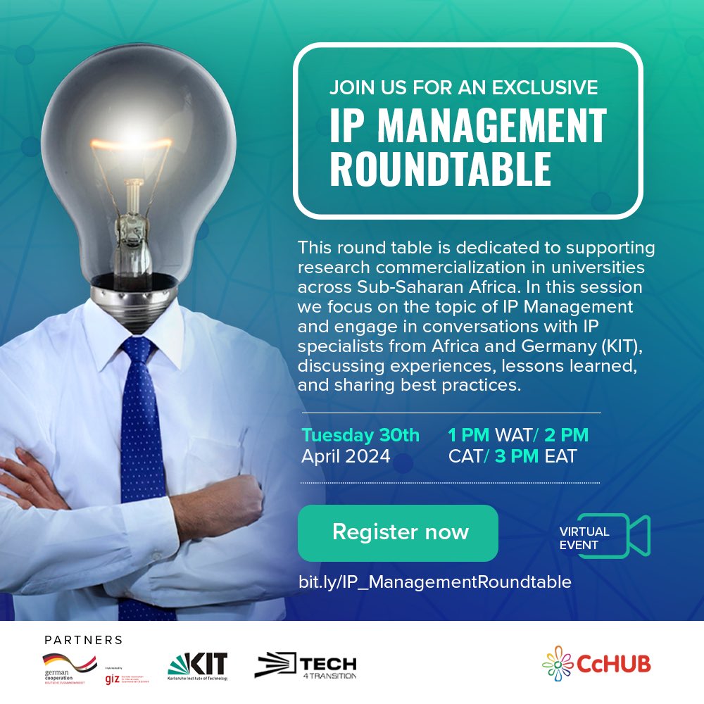 Join us for a Pan-African IP Management Roundtable with KIT. We'll be spotlighting research commercialization, sharing best-case IP policy practices, and raising awareness on internal IP policies in African Higher Education Institutions.
Don't miss out! #IPManagement #AfricanHEIs