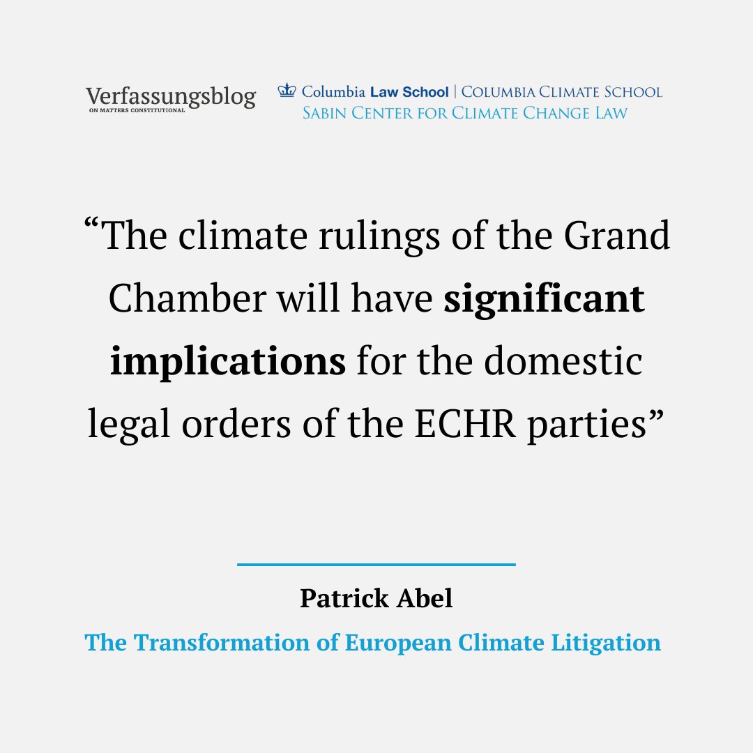 What are the implications of the ECtHR's climate rulings for domestic climate law?

PATRICK ABEL (<a href="/PatrickAbel_Law/">Patrick Abel</a>) on mixed signals of the Court, and why the requirement to set a GHG budget will likely be the most problematic for States.

👉 verfassungsblog.de/mixed-signals-… <a href="/SabinCenter/">Sabin Center</a>