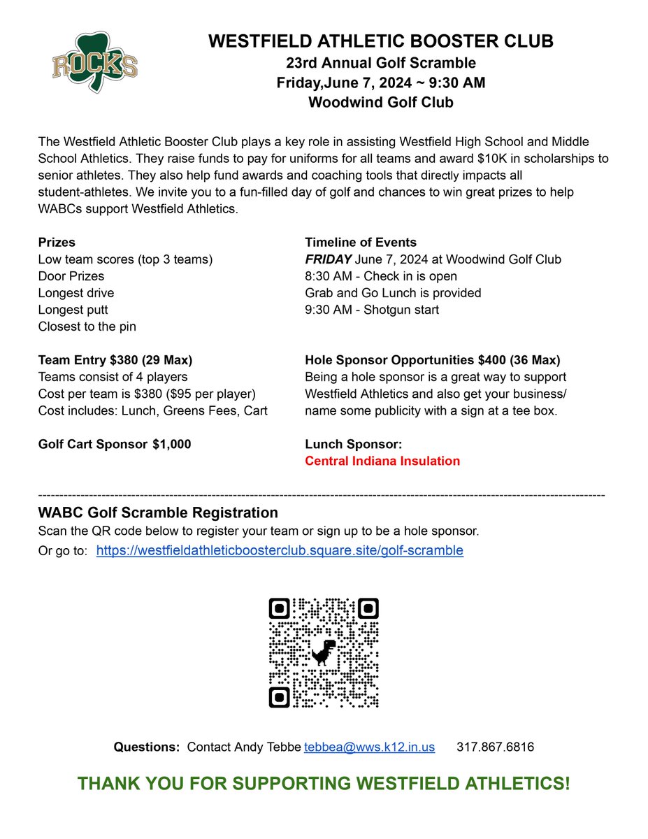rocksathletics's tweet photo. ☘️WABC GOLF OUTING⛳️

The 23rd annual Westfield Athletic Booster Club Golf Outing will take place on FRIDAY, JUNE 7 at Woodwind Golf Club starting at 9:30 AM. See the flyer below for how you can sign up and get involved! 👇 https://t.co/ewdN6HGPgK