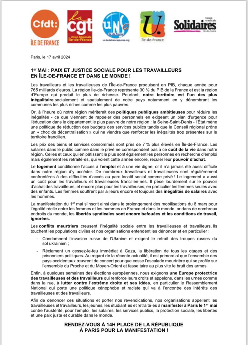 📢 Pour l’Europe et la justice sociale, manifestation parisienne à l’appel de l’intersyndicale régionale de République à Nation le #1erMai Rdv #CFDT 🦺à 13h30 pour un départ à 14h. Ordre des OS : CGT Solidaires Jeunes CFDT UNSA FSU Communiqué ⤵️